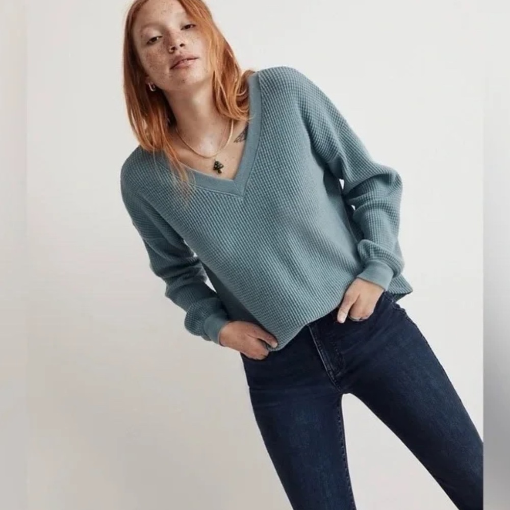 Madewell Spindrift Waffle Knit V-Neck Long Sleeve Steely Ocean XXS